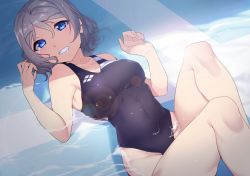 Rule 34 | 1girl, black one-piece swimsuit, blue eyes, competition swimsuit, covered navel, grey hair, grin, hair between eyes, hands up, head tilt, knees up, lens flare, looking at viewer, love live!, love live! sunshine!!, lying, on back, one-piece swimsuit, partially submerged, short hair, smile, solo, swimsuit, thighs, watanabe you, yamaori (yamaorimon)
