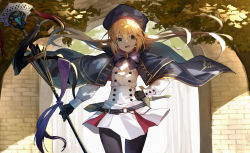 Rule 34 | 1girl, amagasa yun, arch, artoria caster (fate), artoria caster (second ascension) (fate), artoria pendragon (fate), black gloves, blonde hair, bow, branch, brick wall, buttons, capelet, dappled sunlight, double-breasted, fate/grand order, fate (series), gloves, green eyes, hand on own hip, hat, highres, leggings, long hair, miniskirt, open mouth, pantyhose, pleated skirt, sheath, sheathed, short sword, skirt, solo, staff, sunlight, sword, weapon, wind