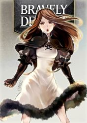 Rule 34 | 1girl, absurdres, agnes oblige, black gloves, bravely default: flying fairy, bravely default (series), breasts, brown eyes, brown hair, copyright name, dress, gloves, hairband, high collar, highres, long hair, looking at viewer, open mouth, solo