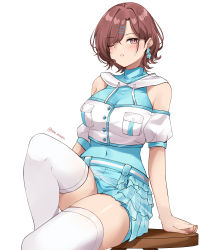 Rule 34 | 1girl, absurdres, bare shoulders, blue shirt, blue skirt, blush, breasts, brown eyes, brown hair, commentary, covered navel, cropped jacket, highres, higuchi madoka, idolmaster, idolmaster shiny colors, jacket, knee up, large breasts, looking at viewer, miniskirt, off-shoulder jacket, off shoulder, one eye closed, parted lips, pinepin, puffy short sleeves, puffy sleeves, shirt, short hair, short sleeves, simple background, sitting, skirt, sleeveless, sleeveless shirt, solo, thighhighs, thighs, white background, white jacket, white thighhighs