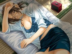 Rule 34 | 1girl, alarm clock, arm up, asagiri misao, baby be, bed, blouse, blue theme, breasts, brown hair, camisole, cleavage, clenched hand, clock, cowboy shot, dress shirt, dutch angle, covered erect nipples, closed eyes, from above, futon, game cg, glasses, high collar, jacket, jpeg artifacts, large breasts, lying, midriff, miniskirt, navel, nipples, on side, open clothes, open shirt, panties, pantyshot, parted lips, pencil skirt, pillow, ponytail, rimless eyewear, rin kyoutarou, shade, shirt, short hair, side slit, skirt, sleeping, sleeves rolled up, solo, sunlight, tatami, underwear, upskirt, white panties, white shirt