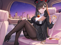 Rule 34 | 1girl, absurdres, black footwear, black hair, black pantyhose, black suit, blue archive, breasts, bright pupils, brown pantyhose, car interior, doughnut, drink, food, formal, grin, hair ornament, hairclip, halo, high heels, highres, holding, holding food, holster, id card, knees together feet apart, knees up, large breasts, legs, long hair, looking at viewer, miniskirt, night, object on breast, office lady, pantyhose, red eyes, rio (blue archive), skirt, skl, smile, solo, star (sky), suit, sweater, taut sweater, thigh holster, tsurime, turtleneck, turtleneck sweater, very long hair, white sweater
