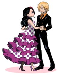 Rule 34 | 1boy, 1girl, artist request, blonde hair, dress, dressrosa, formal, lowres, one piece, polka dot, polka dot dress, princess, sanji (one piece), simple background, source request, suit, viola (one piece), white background