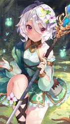 Rule 34 | 1girl, abusoru, bag, bare shoulders, belt, breasts, elf, fingerless gloves, flower, gloves, grass, hair between eyes, hair flower, hair ornament, highres, holding, holding staff, jewelry, kokkoro (princess connect!), leg belt, looking at viewer, necklace, pointy ears, princess connect!, purple eyes, short hair, silver hair, sitting, skirt, solo, staff, tree