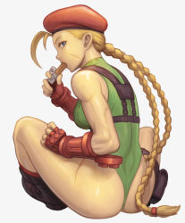 Rule 34 | 1girl, ahoge, antenna hair, ass, beret, blonde hair, blue eyes, braid, cammy white, candy, candy bar, eating, fingerless gloves, food, from behind, full body, gloves, grey background, harness, hat, highleg, highleg leotard, holster, huge ahoge, leotard, long hair, noppo (tarstation), red hat, scar, simple background, sitting, solo, street fighter, street fighter v, thigh holster, thigh strap, thong leotard, toned, twin braids
