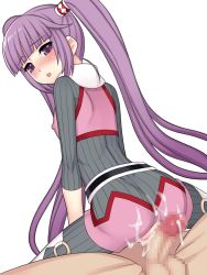 Rule 34 | 1boy, 1girl, ass, bitter sweet (fragment), blush, censored, cum, cum in pussy, grinding, hetero, highres, penis, purple eyes, purple hair, simple background, sophie (tales), tales of (series), tales of graces, twintails, white background