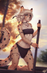 Rule 34 | 1girl, ahoge, animal ear fluff, artist name, bandeau, bare shoulders, barefoot, belt bra, blonde hair, blurry, blurry background, boat, body freckles, body fur, bracelet, breasts, brown eyes, cheetah ears, cheetah girl, cheetah print, cheetah tail, choker, collarbone, commentary, depth of field, feather hair ornament, feathers, freckles, fur, furry, furry female, gluteal fold, hair ornament, highres, jewelry, loincloth, medium breasts, medium hair, navel, necklace, original, outdoors, personal ami, pole, river, signature, smile, solo, strapless, tree, tube top, watercraft, wind