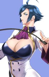 Rule 34 | 1girl, anagumasan, ascot, blue eyes, blue hair, breasts, cleavage, cleavage cutout, closed mouth, clothing cutout, elisabeth blanctorche, grey background, highres, jacket, large breasts, long sleeves, looking at viewer, riding crop, short hair, simple background, snk, solo, swept bangs, the king of fighters, the king of fighters xi, upper body, white jacket