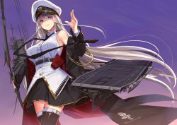 Rule 34 | 1girl, absurdres, akasaai, azur lane, bad id, bad twitter id, bare shoulders, black necktie, black skirt, blush, bow (weapon), breasts, coat, compound bow, enterprise (azur lane), flight deck, hand up, hat, highres, holding, holding bow (weapon), holding weapon, large breasts, long hair, looking at viewer, necktie, off shoulder, outdoors, peaked cap, purple eyes, rigging, shirt, silver hair, skirt, sleeveless, sleeveless shirt, smile, solo, thighhighs, very long hair, weapon, white shirt