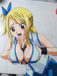 Rule 34 | 1girl, absurdres, blonde hair, blush, bow, breasts squeezed together, breasts, brown eyes, cleavage, covered erect nipples, cum, cum in mouth, cum on body, cum on breasts, cum on tongue, cum on upper body, disembodied penis, ejaculation, facial, fairy tail, hasamimushi, highres, lucy heartfilia, medium breasts, paizuri, penis, solo focus, tears, tongue, uncensored