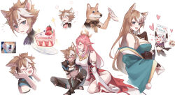 Rule 34 | 2boys, 2girls, absurdres, animal ears, arataki itto, armor, armpits, arms up, bare shoulders, black gloves, blue eyes, blush, breasts, brown hair, cake, chibi, closed eyes, detached sleeves, dog, dog boy, dog ears, dog tail, eating, embarrassed, floppy ears, food, fork, fox ears, genshin impact, gloves, gorou (genshin impact), green kimono, hair between eyes, hair ornament, hands on another&#039;s cheeks, hands on another&#039;s face, happy, heart, heart-shaped pupils, highres, hina (genshin impact), holding, holding food, holding fork, holding plate, holding sign, igote, japanese armor, japanese clothes, kano sakiko, kimono, kneeling, large breasts, linea alba, long hair, looking at another, looking at food, looking at viewer, looking to the side, midriff, multicolored hair, multiple boys, multiple girls, multiple views, navel, nontraditional miko, one eye closed, parted lips, photo-referenced, photo inset, pink hair, plate, pom pom (clothes), pom pom hair ornament, purple eyes, shiba inu, short hair, sign, sitting, smile, standing, strawberry shortcake, streaked hair, symbol-shaped pupils, tail, very long hair, white background, white hair, wide sleeves, yae miko
