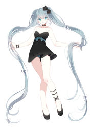 Rule 34 | 1girl, absurdly long hair, aqua eyes, aqua hair, black dress, bow, choker, dress, full body, hair bow, hatsune miku, highres, long hair, looking at viewer, miemia, panties, pantyshot, simple background, smile, solo, standing, strapless, strapless dress, twintails, underwear, very long hair, vocaloid, white background