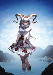 Rule 34 | 1girl, absurdres, animal ear fluff, animal ears, arknights, beeswax (arknights), beeswax (holiday) (arknights), blue sky, closed mouth, cloud, commentary, dark-skinned female, dark skin, day, dress, english commentary, flower, grey hair, hair between eyes, hair intakes, hairband, highres, horns, kimsuwan2013, long hair, looking at viewer, one eye closed, outdoors, red flower, red hairband, short sleeves, sky, solo, standing, very long hair, wading, water, white dress, yellow eyes