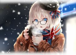 Rule 34 | 1girl, black-framed eyewear, black hat, blue eyes, blue ribbon, blue scarf, blurry, blurry background, border, brown coat, coat, cup, depth of field, disposable cup, duffel coat, enpera, fading border, glasses, hair ribbon, hat, holding, holding cup, long sleeves, looking at viewer, nabeshima tetsuhiro, night, open mouth, original, outdoors, ribbon, scarf, sidelocks, silver hair, snowing, solo, standing, steam, union jack, upper body, winter, winter clothes