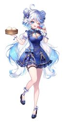 Rule 34 | 1girl, baozi, blue dress, blue eyes, blue hair, breasts, dress, eating, food, fruit, furina (genshin impact), genshin impact, hair between eyes, hayun, high heels, highres, holding, holding food, long hair, looking at viewer, medium breasts, multicolored hair, one eye closed, open mouth, smile, solo, strawberry, vision (genshin impact), white background, white hair