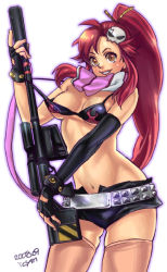 Rule 34 | 00s, 1girl, anti-materiel rifle, bad id, bad pixiv id, bikini, bikini top only, breasts, elbow gloves, fingerless gloves, gloves, gun, icym, large breasts, long hair, navel, ponytail, red hair, rifle, scarf, short shorts, shorts, sniper rifle, solo, striped clothes, striped scarf, swimsuit, tengen toppa gurren lagann, thighhighs, weapon, yellow eyes, yoko littner