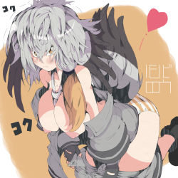 Rule 34 | 1girl, alternate breast size, bare shoulders, between breasts, bird tail, bird wings, black gloves, blush, bonkareohagi, breasts, bright pupils, closed mouth, clothes pull, fingerless gloves, gloves, grey hair, grey necktie, grey shirt, grey shorts, hair between eyes, head wings, heart, highres, kemono friends, large breasts, leaning forward, long hair, looking at viewer, low ponytail, messy hair, multicolored hair, necktie, necktie between breasts, nipples, no bra, open clothes, open fly, open shirt, open shorts, orange eyes, orange hair, panties, shirt, shoebill (kemono friends), shoes, shorts, shorts pull, side ponytail, solo, striped clothes, striped panties, tail, unbuttoned, underwear, undressing, white pupils, wide sleeves, wings