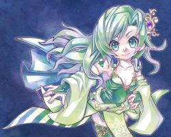 Rule 34 | 1girl, aged up, breasts, bridal gauntlets, cape, cleavage, closed mouth, collarbone, detached sleeves, final fantasy, final fantasy iv, green eyes, green hair, hair ornament, highres, long hair, looking at viewer, medium breasts, rydia (ff4), smile, solo, thighhighs, twitter username, y kitsuno