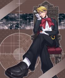 Rule 34 | 1boy, ace attorney, black footwear, black jacket, black pants, blonde hair, bow, cleft chin, crossed legs, dress shoes, gloves, highres, holding, holding removed eyewear, imozonokan, jacket, jewelry, luke atmey, male focus, monocle, on chair, pants, phoenix wright: ace attorney - trials and tribulations, pointy nose, red bow, ring, shirt, sitting, socks, solo, undercut, unworn eyewear, white gloves, white shirt, white socks