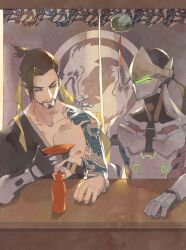 2boys bare_pectorals black_hair black_robe brothers chinese_commentary collarbone commentary_request cup cyborg emblem facial_hair genji_(overwatch) green_visor hand_on_table hanzo_(overwatch) high_ponytail highres holding male_focus multiple_boys nipples overwatch overwatch_1 pectorals ponytail prosthesis prosthetic_arm robe sakazuki short_ponytail siblings side-by-side single_bare_shoulder single_off_shoulder sitting table tattoo tattoo_sleeve wind_chime wooden_table zhujuicy