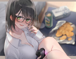 Rule 34 | 1girl, bag of chips, bed, black-framed eyewear, black hair, blurry, blurry background, blush, breasts, chips (food), cleavage, collarbone, collared shirt, commentary request, controller, depth of field, dress shirt, food, game controller, glasses, green eyes, hair between eyes, hand up, holding, holding controller, indoors, large breasts, long sleeves, nose blush, open mouth, original, potato chips, pringles, shirt, sleeves past wrists, solo, sweat, tissue box, wavy mouth, white shirt, wooden floor, yukimiya yuge