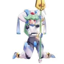 Rule 34 | 1girl, :o, armor, byte (grunty-hag1), commentary request, crop top, full body, green hair, helmet, holding, holding staff, long hair, mega man (series), mega man zx, open mouth, pandora (mega man), red eyes, simple background, solo, staff, white background