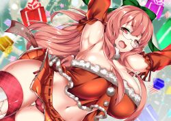 Rule 34 | armpits, blush, box, breasts, cameltoe, christmas, circussion, detached sleeves, embarrassed, feet out of frame, gift, gift box, glasses, huge breasts, navel, open mouth, original, panties, red eyes, red hair, red thighhighs, skirt, sweat, thighhighs, thighs, underwear