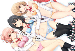 Rule 34 | + +, 3girls, ahoge, arms under breasts, between legs, black hair, black legwear, blue bra, blue eyes, blue panties, blush, bow, bow bra, bow panties, bra, breasts, brown eyes, brown hair, closed mouth, unworn clothes, collarbone, commentary request, covered erect nipples, crossed arms, frilled bra, frilled panties, frills, hair ribbon, hand between legs, hand on own chest, highres, inanaki shiki, isshiki iroha, knees together feet apart, long hair, long sleeves, looking at viewer, lying, medium breasts, multiple girls, navel, off shoulder, on back, open clothes, open mouth, open shirt, orange bra, orange hair, orange panties, panties, plaid, plaid skirt, red eyes, red ribbon, ribbon, ribbon-trimmed bra, school uniform, shirt, short hair, simple background, skirt, unworn skirt, small breasts, smile, strap slip, thigh gap, thighhighs, unbuttoned, underwear, white background, white shirt, yahari ore no seishun lovecome wa machigatteiru., yuigahama yui, yukinoshita yukino