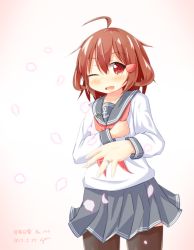 Rule 34 | 10s, 1girl, anchor symbol, black pantyhose, black skirt, brown eyes, brown hair, commentary request, dated, fang, gradient background, hair ornament, hairclip, ikazuchi (kancolle), jewelry, kantai collection, long sleeves, minazuki mizu, neckerchief, one eye closed, pantyhose, pleated skirt, red neckerchief, ring, school uniform, serafuku, short hair, skirt, solo, sparkle, wedding band
