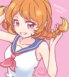 1girl, aikatsu!, aikatsu! (series), arm behind head, armpit crease, bare arms, bare shoulders, blouse, blue sailor collar, braid, character name, close-up, copyright name, crop top, cropped torso, dated, face, grin, hands up, holding, holding hair, long hair, looking at viewer, low-tied long hair, mizuki maya, neckerchief, oozora akari, open mouth, orange hair, pink background, pink eyes, red neckwear, sailor collar, sideways glance, signature, simple background, sleeveless blouse, smile, solo, teeth, twin braids, upper body, white blouse, white stripes