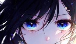 Rule 34 | 1girl, 58 (opal 00 58), black hair, blue eyes, close-up, commentary, constellation, earrings, english commentary, eye focus, floating hair, green eyes, hair between eyes, highres, jewelry, looking at viewer, mole, mole under eye, original, solo, sparkle, swept bangs