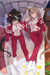 2girls absurdres ahoge animal_ears breasts brown_hair commentary_request evefly_megane_p feet full_body hair_between_eyes highres horse_ears horse_girl horse_tail indoors jacket kitasan_black_(umamusume) long_sleeves lying medium_breasts multicolored_hair multiple_girls nightstand no_shoes on_back on_bed red_eyes satono_diamond_(umamusume) sleeping socks streaked_hair tail tracen_training_uniform track_jacket track_suit umamusume white_hair white_socks