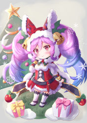 Rule 34 | 1girl, blue hair, blush, box, breasts, chibi, christmas, christmas tree, cleo (dragalia lost), cocoasabure, commentary request, dragalia lost, gift, gift box, gradient hair, grey background, highres, hood, looking at viewer, medium breasts, multicolored hair, navel, ornament, pink eyes, purple hair, santa costume, simple background, smile, snowflakes, solo, twintails, white legwear