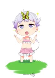 Rule 34 | 10s, 1girl, adapted costume, aged down, alternate hair length, alternate hairstyle, artist name, barefoot, bug, butterfly, butterfly on head, dragon girl, dragon horns, full body, gradient hair, highres, horns, insect, kanna kamui, keiryuu seo, kobayashi-san chi no maidragon, midriff, multicolored hair, navel, open mouth, purple eyes, purple hair, short hair, simple background, solo, standing, tail, transparent background, white background