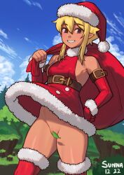 Rule 34 | 1girl, absurdres, artist name, bare shoulders, belt, blonde hair, blue sky, breasts, brown eyes, cloud, commentary, convenient censoring, dark-skinned female, dark skin, day, dress, elbow gloves, elf, elfheim, english commentary, fur-trimmed dress, fur-trimmed thighhighs, fur collar, fur trim, gloves, grin, hair between eyes, halterneck, hand on own hip, hat, highres, leaf, leaf censor, looking at viewer, nature, nil sunna, no panties, outdoors, parted lips, pointy ears, red dress, red gloves, red thighhighs, sack, santa costume, santa hat, short hair, sidelocks, sky, sleeveless, sleeveless dress, small breasts, smile, solo, standing, sunna (nilsunna), thighhighs