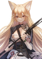Rule 34 | 1girl, absurdres, animal ear fluff, animal ears, arknights, bag, blonde hair, bow, breasts, breeze (arknights), cleavage, closed mouth, commentary request, corset, cowboy shot, fox ears, hair between eyes, highres, holding, holding staff, large breasts, long hair, nagute, pouch, shoulder bag, simple background, sleeves past elbows, smile, solo, staff, straight hair, striped, striped bow, very long hair, white background