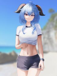 Rule 34 | 1girl, ahoge, alternate breast size, alternate costume, blue hair, blue sky, blurry, blurry background, commentary, cowboy shot, day, ganyu (genshin impact), genshin impact, grey shorts, hair between eyes, highres, horns, lit for 20, long hair, looking at viewer, midriff, navel, outdoors, shirt, short shorts, short sleeves, shorts, sky, smile, solo, standing, stomach, thighs, white shirt, yellow eyes