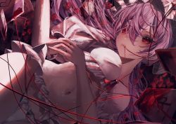 Rule 34 | 1girl, blood, blood bag, blood on face, bloodpack, flower, frills, hair between eyes, highres, long hair, looking ahead, mouth hold, navel, perspective, red eyes, red flower, red rose, remilia scarlet, rose, solo, string, string of fate, toho sweet, touhou, underwear