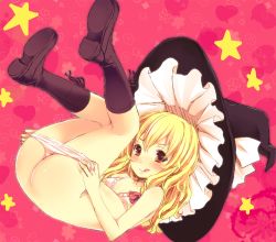 Rule 34 | 1girl, :q, ass, blonde hair, blush, boots, bra, butt crack, falling, female focus, flat ass, flat chest, hat, highres, kaneru, kirisame marisa, licking lips, lingerie, long hair, orange eyes, panties, panty pull, solo, star (symbol), tongue, tongue out, touhou, underwear, underwear only, undressing, witch hat