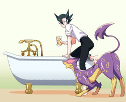 Rule 34 | 1boy, barefoot, bathtub, black pants, closed mouth, commentary request, creatures (company), foam, game freak, gen 5 pokemon, green hair, grimsley (pokemon), holding, holding sponge, indoors, leaning forward, leg up, liepard, looking back, male focus, momoji (lobolobo2010), nintendo, pants, pokemon, pokemon (creature), pokemon bw, shirt, sleeves rolled up, smile, soles, sponge, white shirt