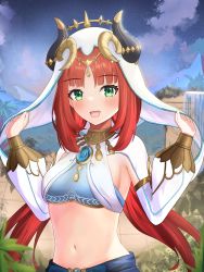Rule 34 | 1girl, :d, absurdres, blue sky, breasts, brooch, cloud, commentary, crop top, genshin impact, green eyes, highres, horns, jewelry, keaworks, long hair, long sleeves, looking at viewer, medium breasts, midriff, navel, night, night sky, nilou (genshin impact), open mouth, red hair, revision, sky, smile, solo, stomach, upper body, veil, very long hair