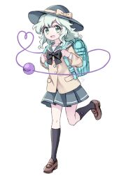 1girl alternate_costume aqua_bag bag black_bow black_bowtie black_socks bow bowtie brown_footwear commentary_request eyeball green_eyes green_hair green_sailor_collar green_skirt hat hat_bow heart heart_of_string highres kneehighs komeiji_koishi leg_up loafers long_sleeves looking_at_viewer miy_001 open_mouth pleated_skirt sailor_collar school_uniform shoes signature simple_background skirt smile socks solo third_eye touhou vest white_background wide_sleeves yellow_bow yellow_vest