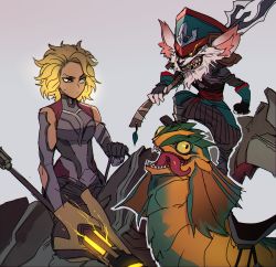 Rule 34 | 1boy, 1girl, :/, animal, armor, black gloves, blonde hair, breasts, brown pants, clenched hand, fingerless gloves, gloves, grey background, highres, holding, holding polearm, holding weapon, horse, kled, lance, league of legends, medium breasts, medium hiar, outline, over shoulder, pants, polearm, ratatatat74, rell (league of legends), sharp teeth, simple background, skaarl, standing, sweatdrop, teeth, tongue, tongue out, weapon, weapon over shoulder, white outline, yellow eyes, yordle