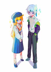 Rule 34 | 1boy, 1girl, blonde hair, blue eyes, character request, child, dress, full body, hand in pocket, headband, highres, long hair, looking at viewer, offbeat, puyopuyo, simple background, skirt, socks, sparkle, white background, white hair, white socks