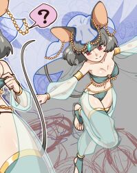 Rule 34 | !?, 1girl, ?, animal ears, arabian clothes, barefoot, barefoot sandals (jewelry), blue bra, blue panties, blue pants, blue thighhighs, blue veil, bra, breasts, chain, cleavage, collarbone, crystal, dancer, gold chain, gold trim, grey hair, harem outfit, harem pants, highres, jewelry, long sleeves, medium breasts, mouse ears, mouse girl, mouse tail, navel, nazrin, panties, pants, puffy long sleeves, puffy sleeves, red eyes, see-through, see-through pants, see-through sleeves, shikido (khf), short hair, smile, spoken interrobang, tail, thighhighs, toe ring, toeless legwear, touhou, underwear, unfinished, veil
