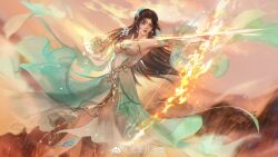 Rule 34 | 1girl, absurdres, aiming, armpits, bare legs, bow (weapon), brown hair, closed mouth, detached sleeves, doupo cangqiong, dutch angle, earrings, expressionless, facial mark, flaming weapon, forehead mark, gu xun er (doupo cangqiong), hair ornament, highres, holding, holding bow (weapon), holding weapon, jewelry, long hair, orange sky, second-party source, sky, solo, weapon, zacao tong