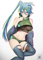 Rule 34 | 1girl, artist name, ash-12.7 (girls&#039; frontline), asymmetrical hair, bare shoulders, blue hair, blush, breasts, cowboy shot, darkpulsegg, detached leggings, girls&#039; frontline, green shorts, hair between eyes, hair ornament, high collar, highres, jacket, looking at viewer, medium breasts, navel, off shoulder, open clothes, open jacket, parted lips, red eyes, short hair with long locks, shorts, solo, white background