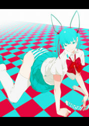 Rule 34 | 1girl, :q, all fours, aqua eyes, aqua hair, ass, bad id, bad pixiv id, bow, bowtie, bthx, female focus, hatsune miku, letterboxed, panties, skirt, smile, solo, striped clothes, striped panties, thighhighs, tongue, tongue out, twintails, underwear, vocaloid, zettai ryouiki