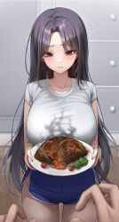 Rule 34 | 1girl, absurdres, black hair, blue shorts, blush, breasts, burnt food, collarbone, dolphin shorts, flying sweatdrops, food, grey eyes, highres, large breasts, long hair, looking at viewer, mohaka (m 0haka), omelet, omurice, original, parted bangs, plate, shirt, short shorts, short sleeves, shorts, smile, solo focus, thighs, white shirt
