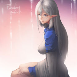Rule 34 | 1girl, artist name, bad id, bad pixiv id, blue eyes, bored, capelet, elf, eyelashes, gradient background, hair between eyes, lips, long hair, looking to the side, original, pointy ears, silver hair, sitting, sky of morika, solo